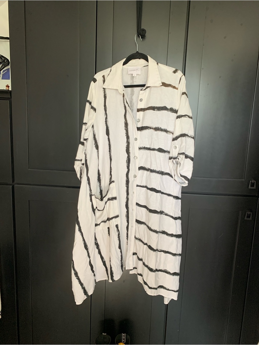 Women's Black & White Striped Button-Front MIDI Shirt Coat